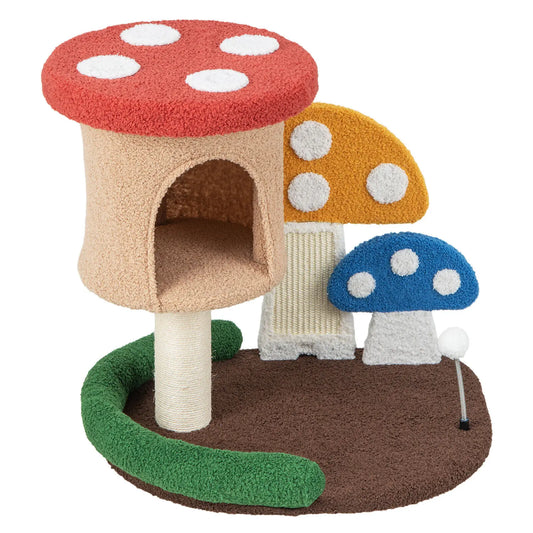 DORTALA 4-In-1 Cat Tree Mushroom Cat Tower Wooden Cat Activity Center Climbing Stand