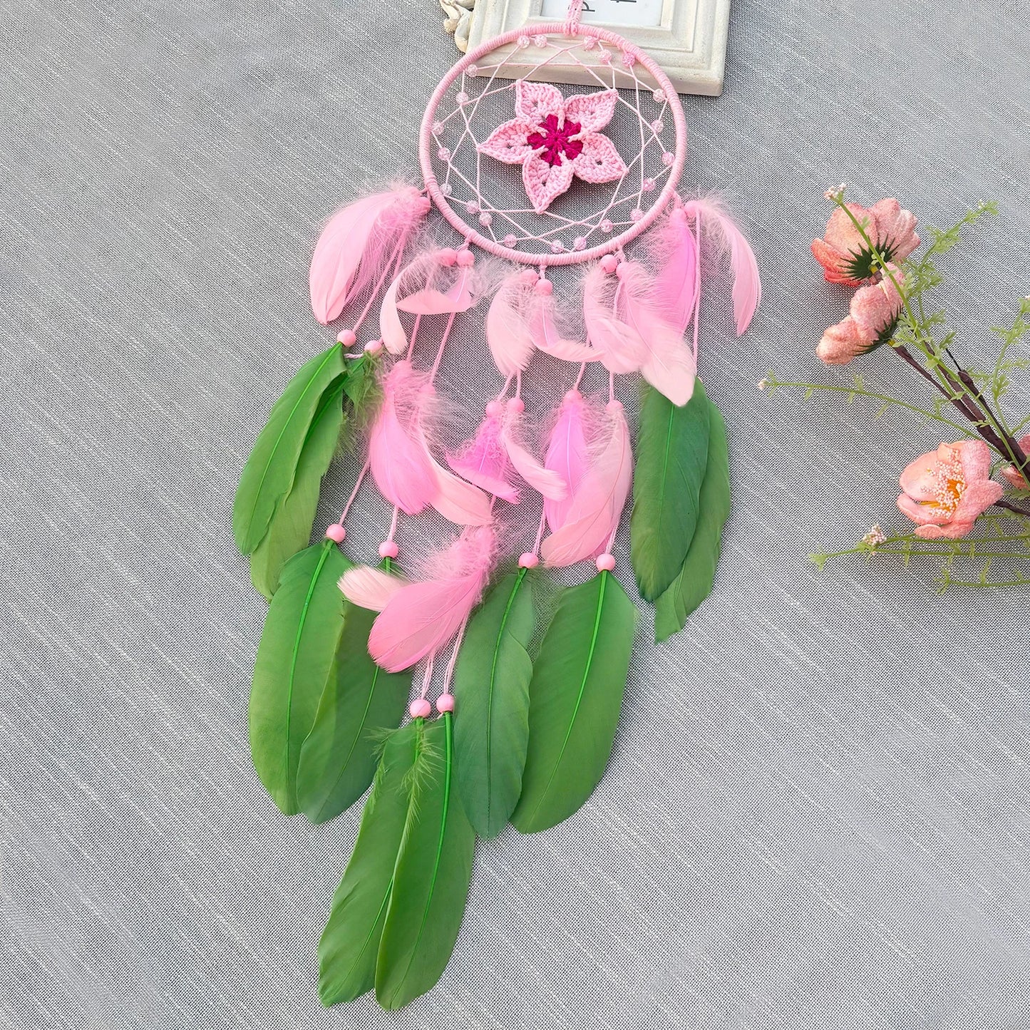 Tejesa Pink Flower Feathers Dream Catcher Window Hangings Ornaments Handmade Wind Chimes Home Decor For Girls Festival Gifts