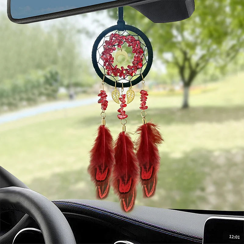 Hemasa Red Colour Crystal Stone Red Feather Wind Chime  Dream Catcher  for Car Pendant Creative Bedroom