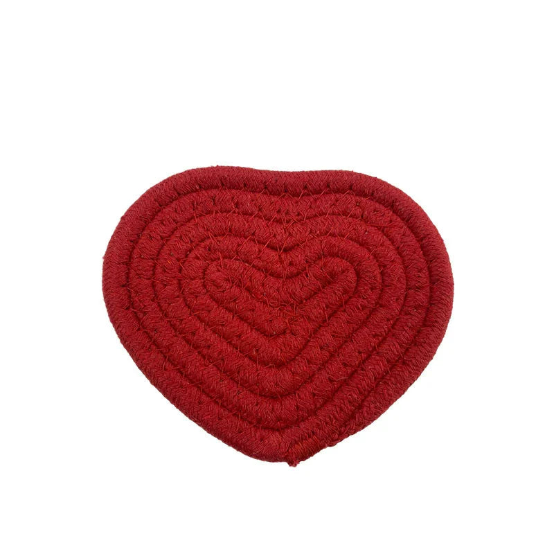 Tejesa  2Pcs Hand-woven Heart-Shaped Coaster Anti-Slip Table Mat /Handmade Cotton Linen Pot Pads