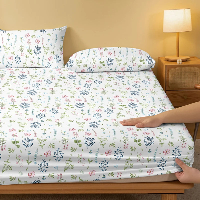 Hemasa White  modern Plant Flower printed matte Fitted Sheet, bedroom printed bed cover, bedding (excluding pillowcases)