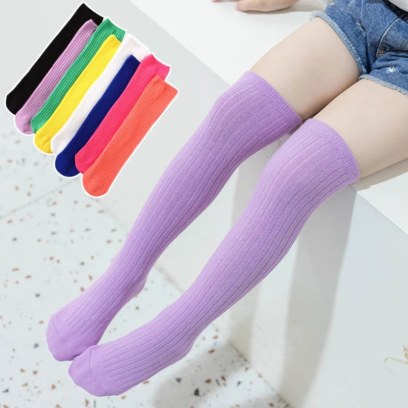 Cotton Knee High Socks for Girls Boys Kids Children Golf Casual Candy Color Toddler Long Tube 3-12 Years Old