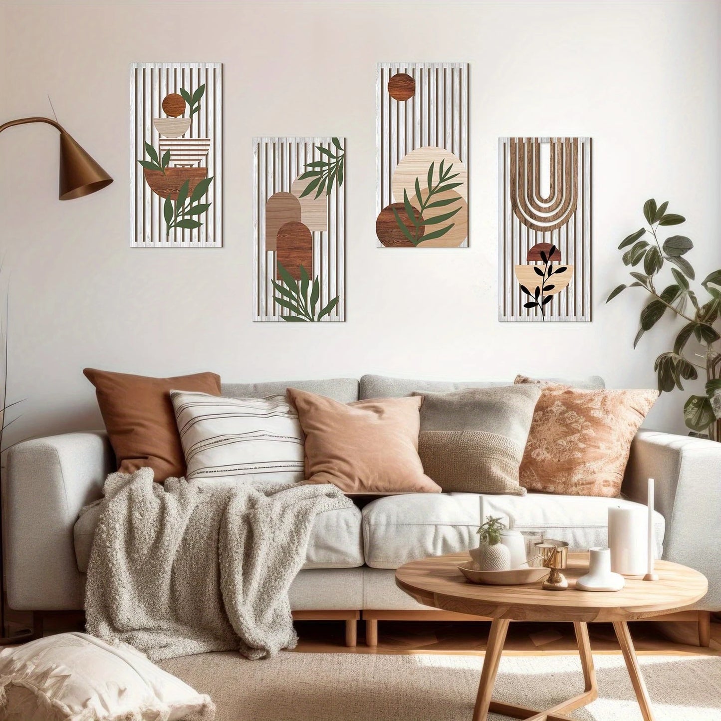 Hemasa 40cmBoho style 4pcs 2D Flat Wooden Wall Art Abstract Geometry Sun Rainbow Pattern Suitable Living Room Bedroom Office Decoration