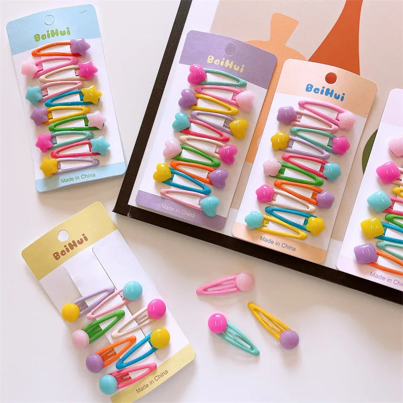 Hemasa 10pcs/set Cute Colorful snap hair clips for girls heart hairclip baby kawaii star clips princess hair pins kids hair accesories