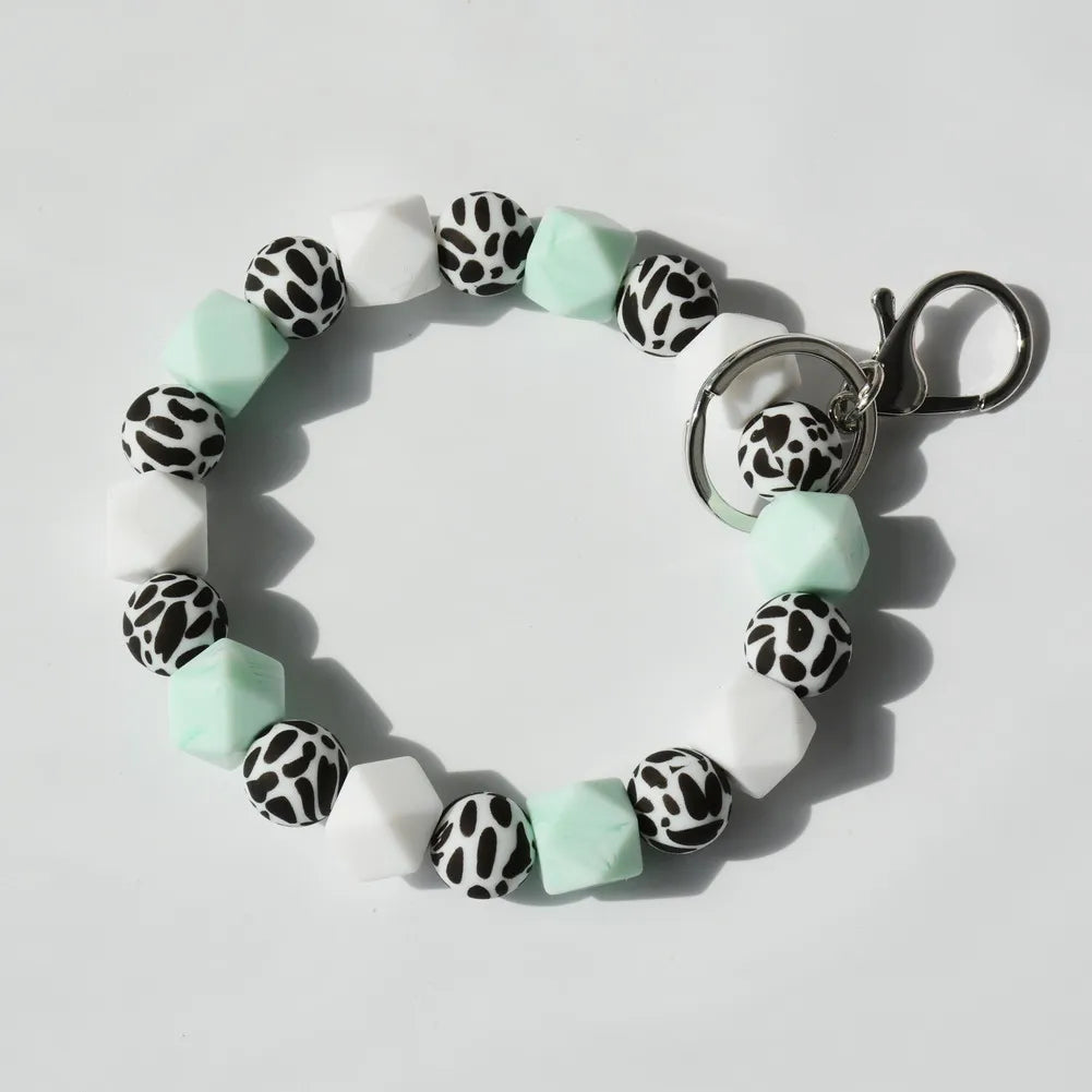 Heamsa  Bangle Mint White Cows Print Silicone Beads Cow Print MAMA Keychain Wristlet Fashion Bag Pendants Gifts for Women