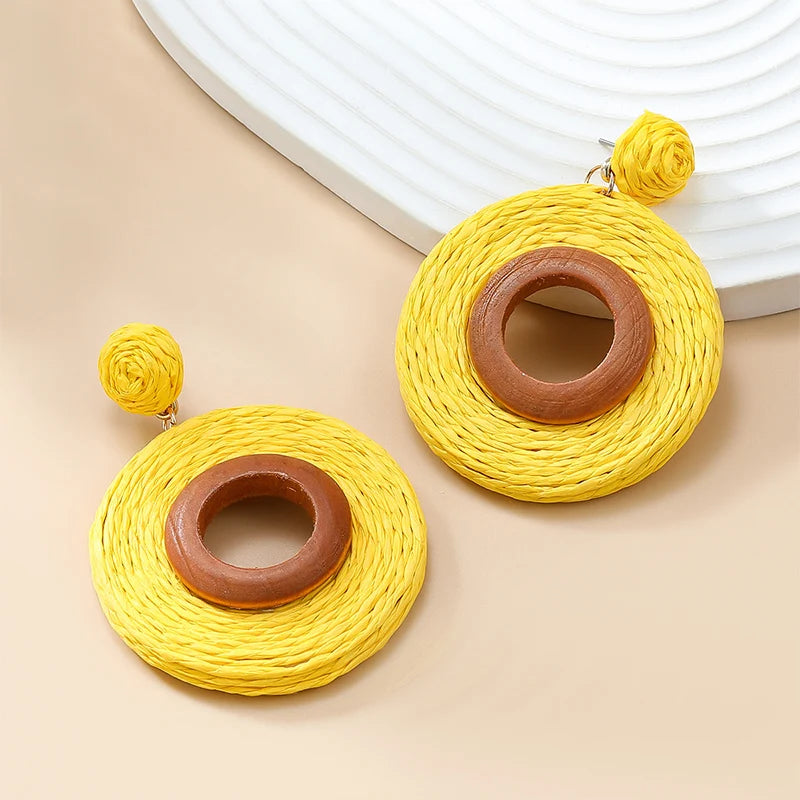 Hemasa Long Drop Raffia Wood Dangle Post Earrings For Women/ Multi Color Trendy New Style Fashion Jewelry