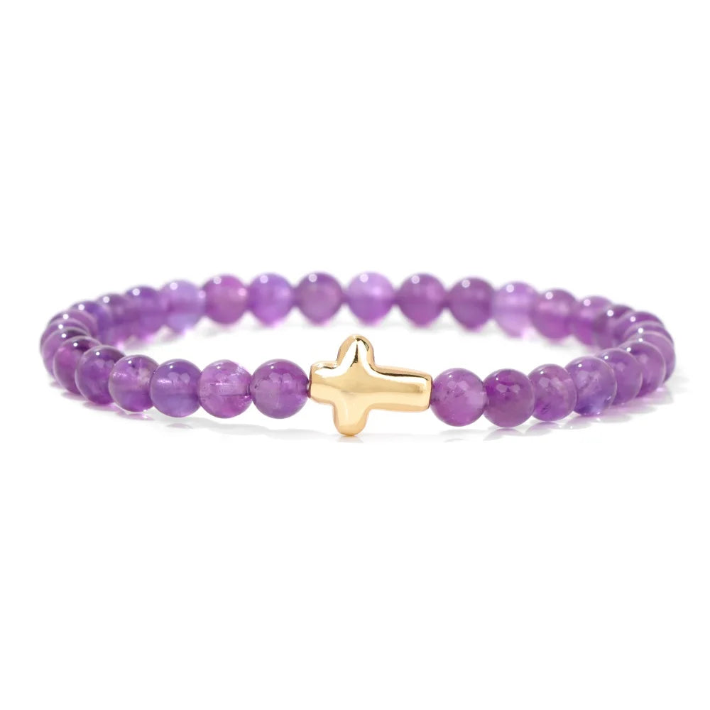 Tejesa 6mm Amethysts Bracelet Gold Color Jesus Cross Natural Stone Tiger Eye Opal African Turquoises Elastic Bracelets For Women Men