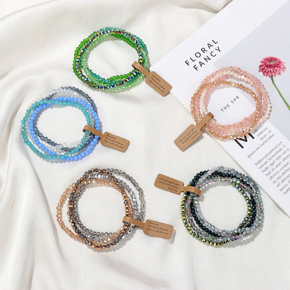 Hemasa Faceted Crystal Beads Bracelet Colorful Round Glass Couple Beaded Elastic Charm Bracelets Anniversary Wristband Gift
