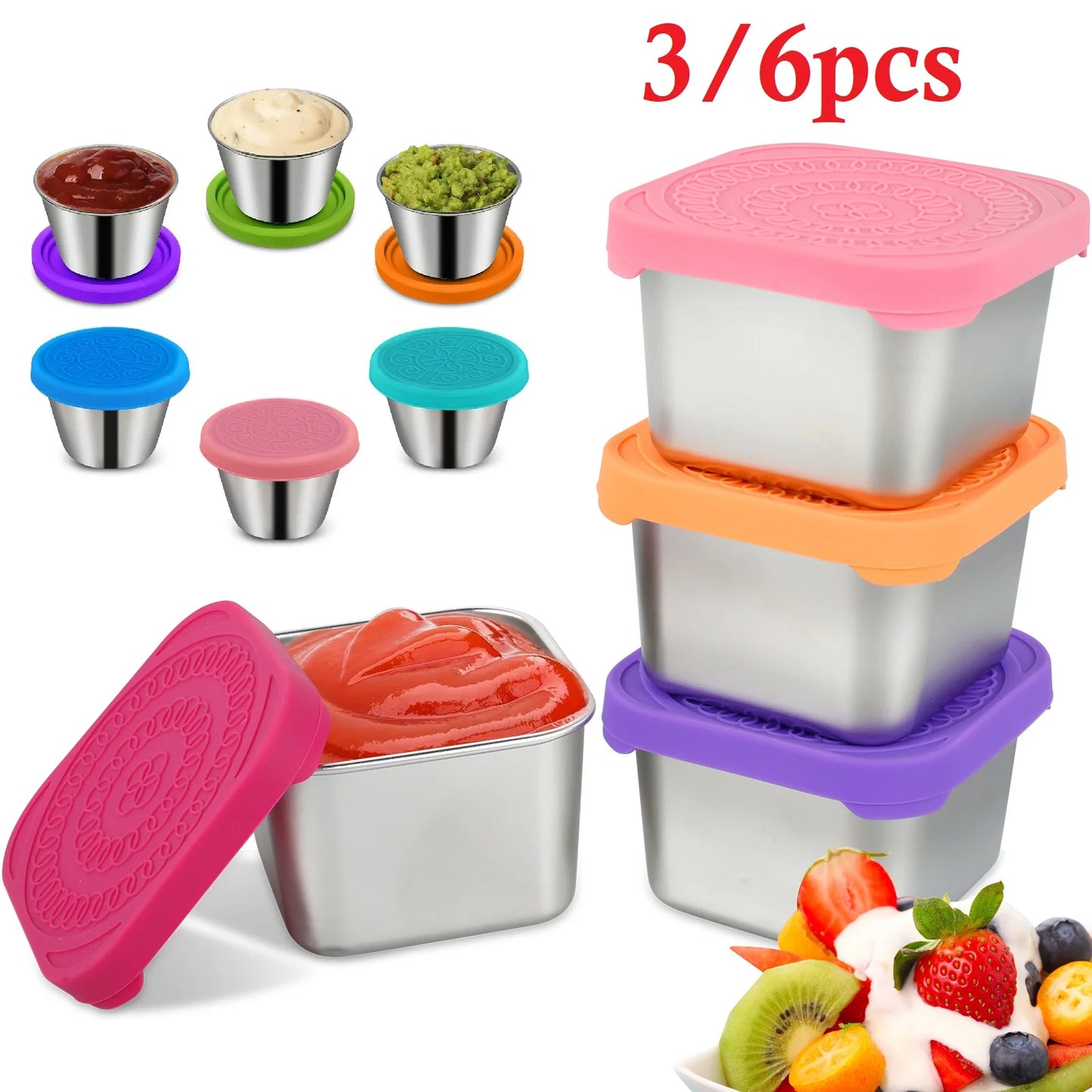 Tejesa 6/3pc Sauce Cup Dipping Bowl Stainless Steel Salad Dressing Bowl Leak-proof Tomato Sauce Bento Saucer with Lid Mini Snack Box
