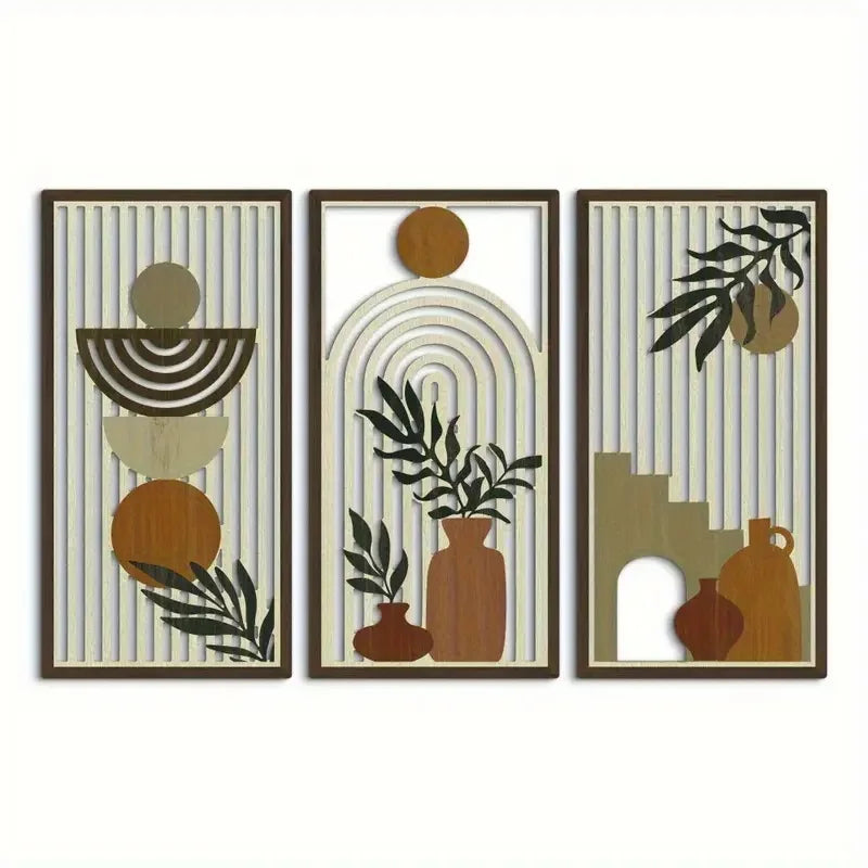 Hemasa 3pcs Hollow Wooden Wall Art Panel Decorative Kitchen Bathroom Living Room Dining Room Porch Wall Wood Decoration