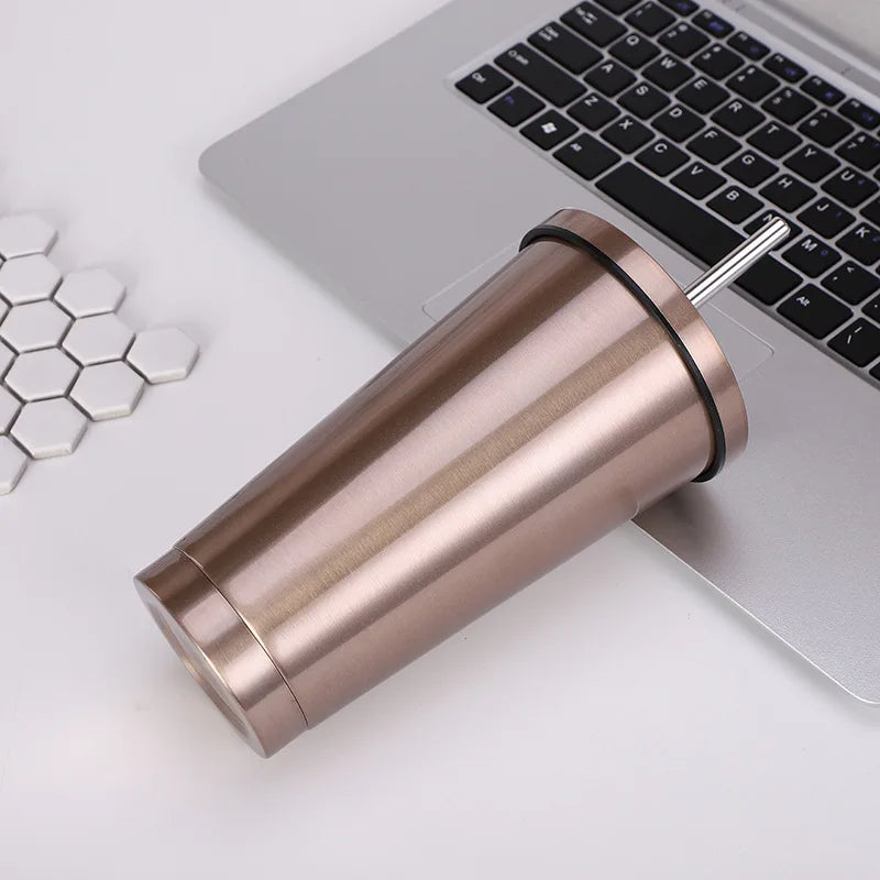 New Vacuum Insulated Mug Stainless Steel Thermos Cup Car Coffee Drinking Cup With Straw