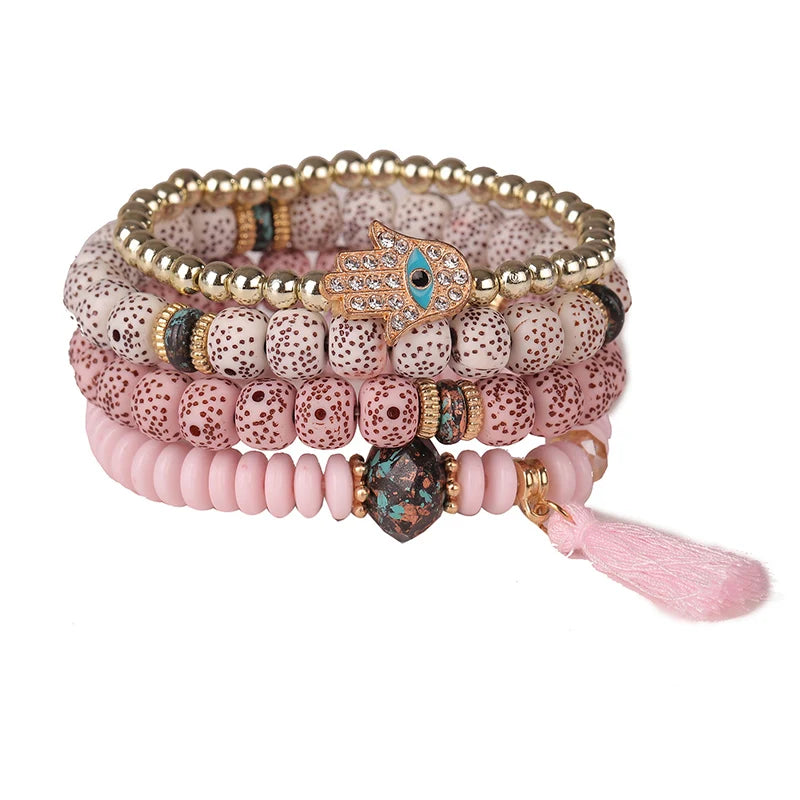 Hemasa  Evil Eye Tassel Bracelet Set For Women  / Stone Beads Chain Bangle Female Bohemian Jewelry Gift