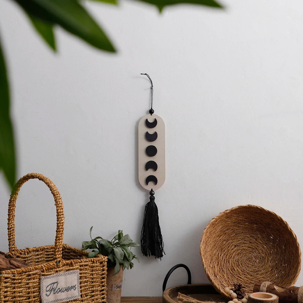 Hemasa Wooden Hanging Decor Moon Phase Boho Home Decoration Wall Hanging Decor Black Macrame Nordic Living Room Decor Asesthetic Art