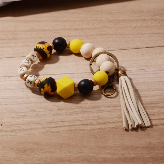 New Mother's Day Gift MAMA Silicone Wristlet Cheetah Print Wood Bead Bracelet Elastic Rope String Tassel Keychain Bangle Gift