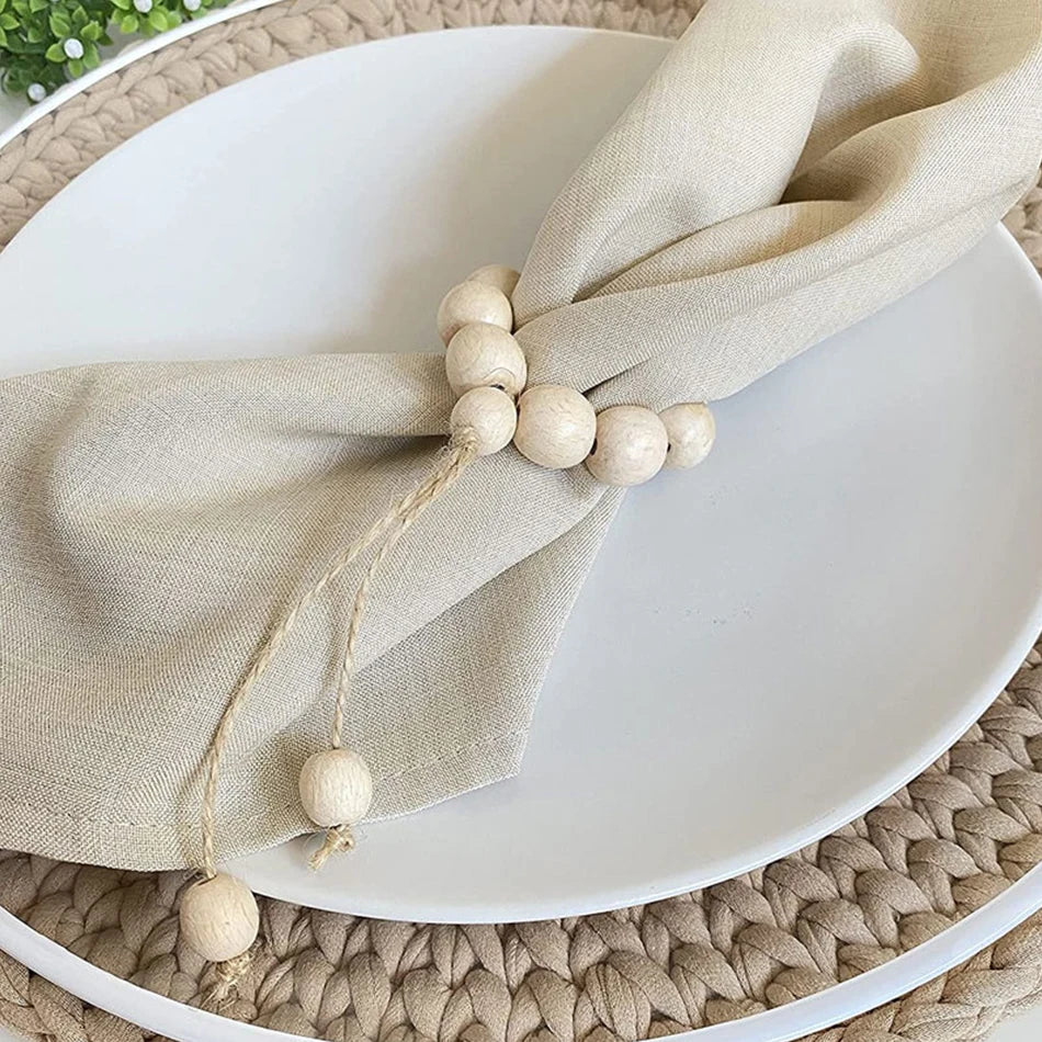 Hemasa 6 PCS Wooden Beads Napkin Rings /Handmade Jute Tassel Rope Holder For Family