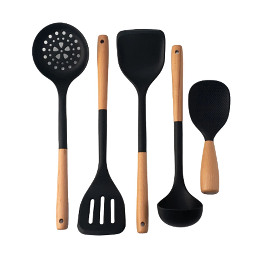 Hemasa 5Pcs Black Silicone Wooden Handle Cooking Tool Non-stick Kitchen Utensils /Silicone Spatula Baking Kitchen Spoons