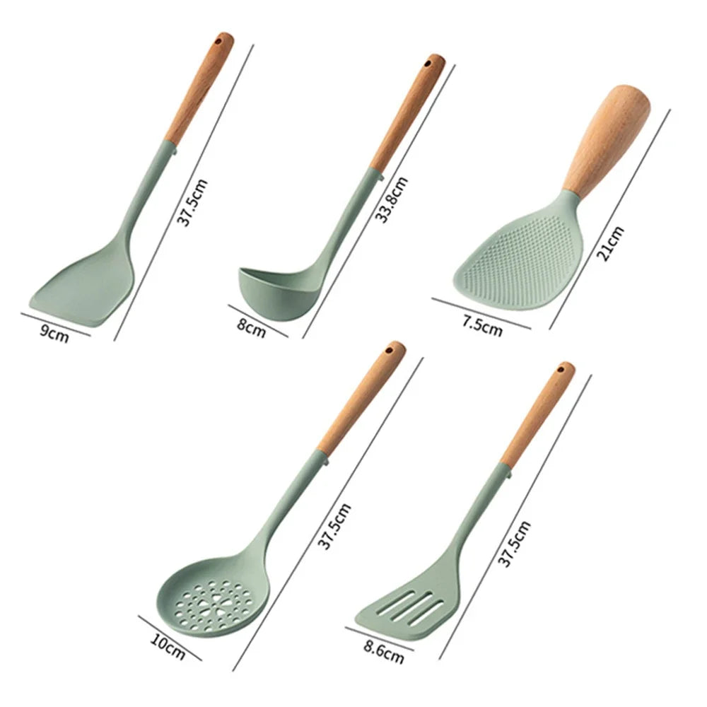 Hemasa 5Pcs Black Silicone Wooden Handle Cooking Tool Non-stick Kitchen Utensils /Silicone Spatula Baking Kitchen Spoons