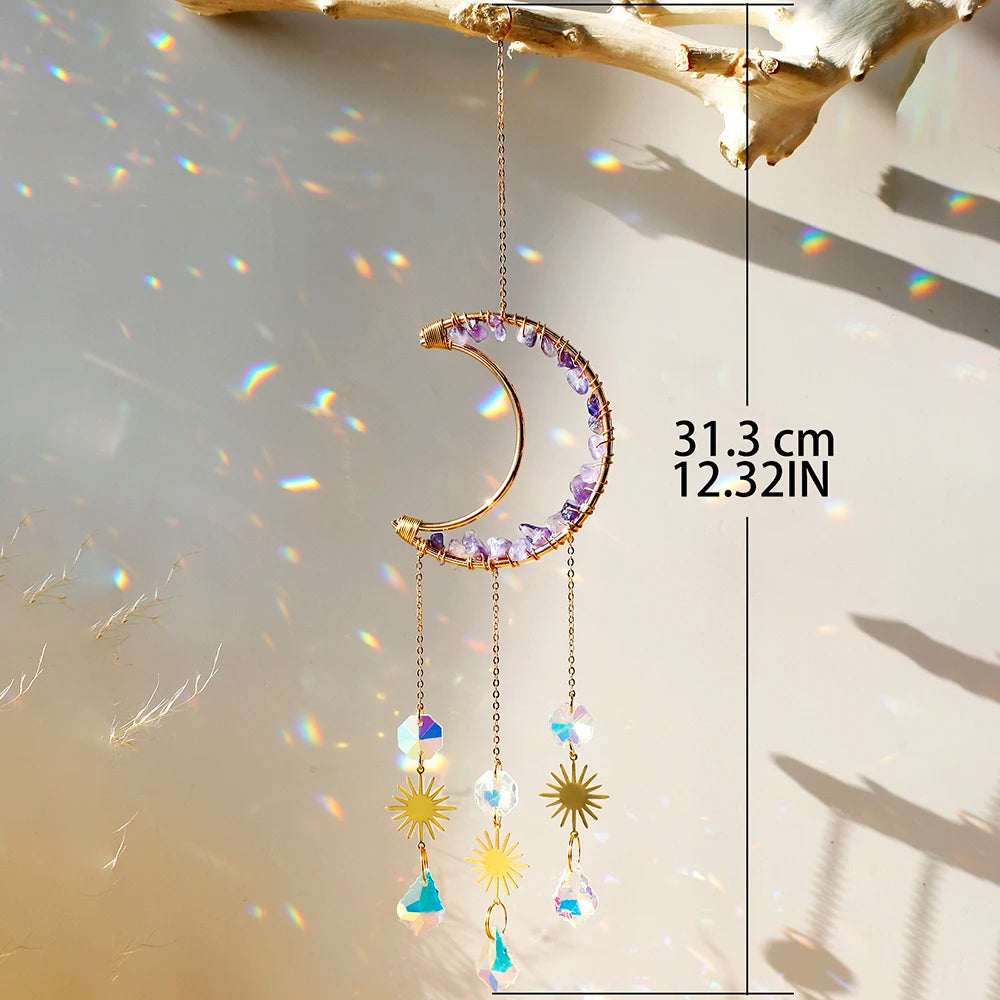 Hemasa Amethyst Suncatcher Moon Crystal Gemstone Windchime Sun Catcher / Rainbow Crystal Window Yard Garden Decoration Outdoor
