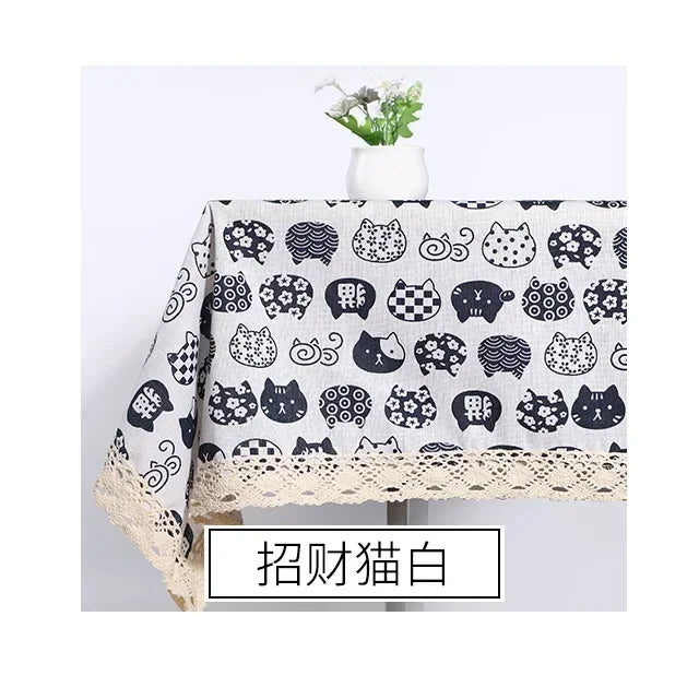 Tablecloth, Washable Cotton Linen Fabric Tassel Table Cloth Dust-Proof Embroidery Table Cover for Kitchen Dinning Farmhouse