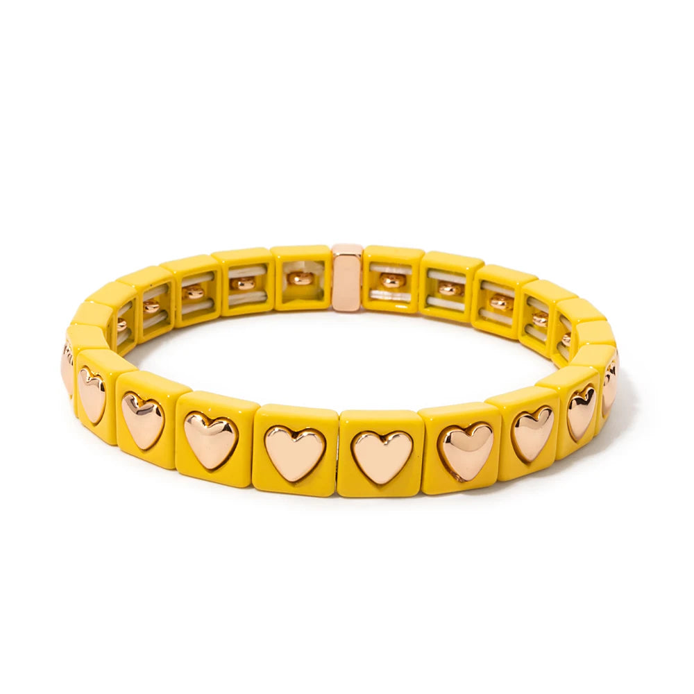 8mm Square Shape Love Bangle For Women Rainbow Color Peach Boho Enamel Elastic Beads Bracelets