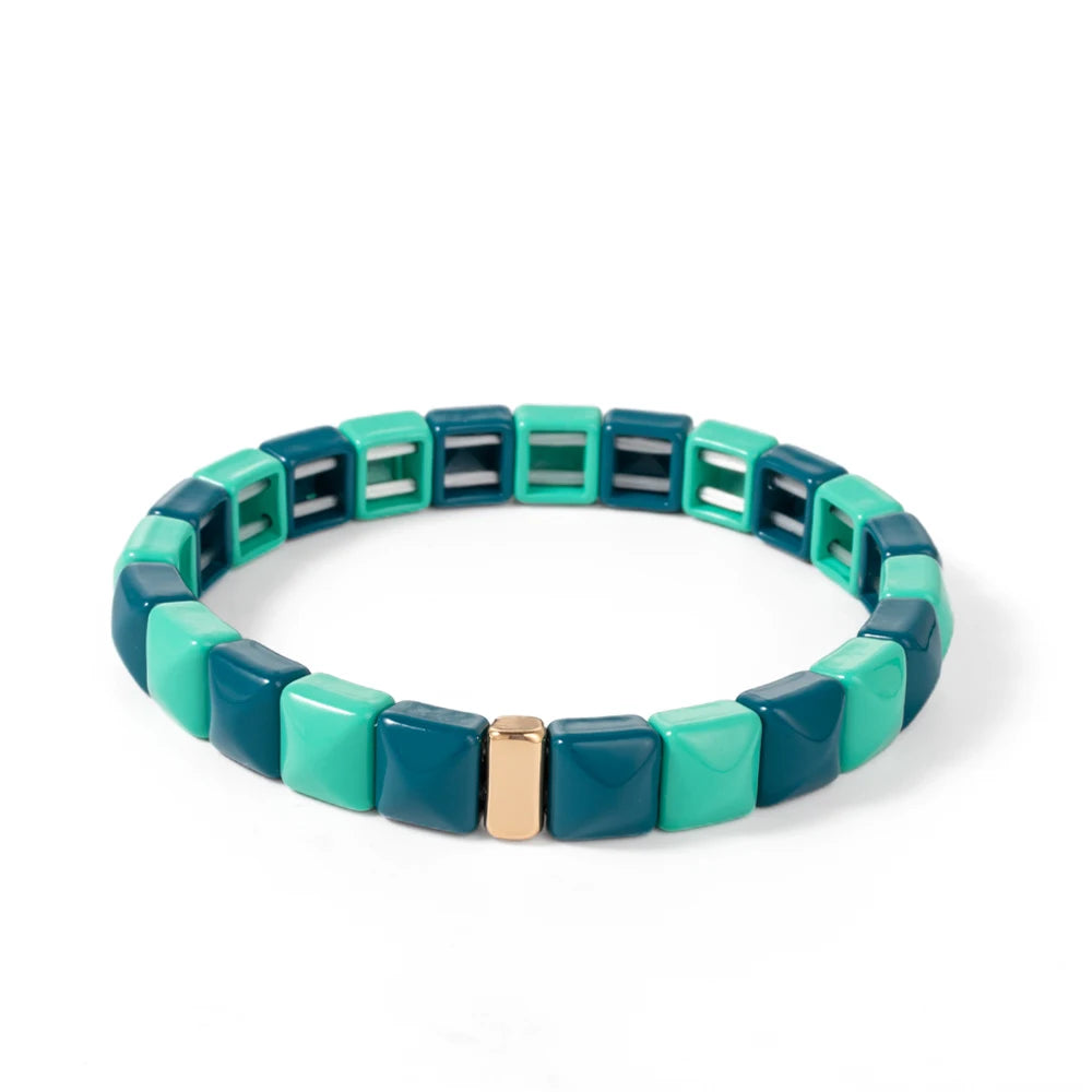 Tejesa Colorful Enamel Square Shape Rhombus Faced Bohemain Geometric Elastic Bracelets For Women