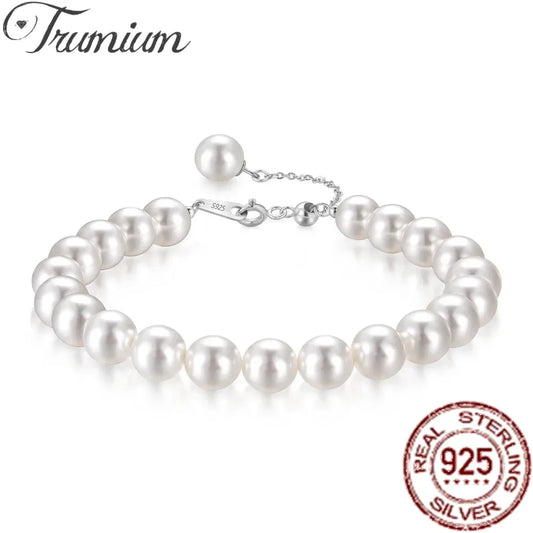 Trumium 925 Sterling Silver Real Pearl Bracelet for Women Girl Beaded Freshwater Cultured Pearl Bangle Bridal Jewelry Gift