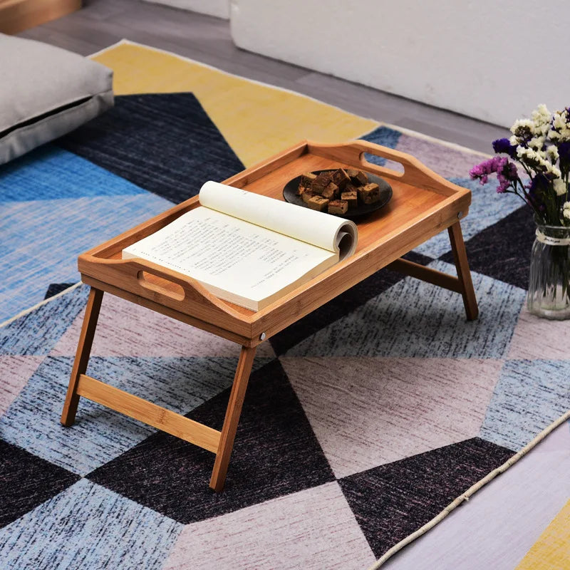 Bamboo Portable Folding Lazy Table with Handle for Laptop Bed Studying and Reading Sundries Tray Coffee Breakfast Tray Table