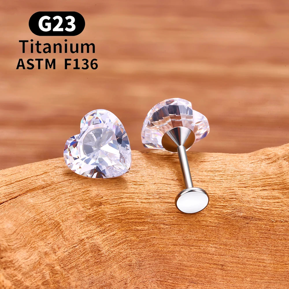 G23 Titanium Heart-shaped Stud Earrings for Women Girl 16G CZ Pin Type Labret Lip Ring Nose Ear Cartilage Tragus Body Jewelry
