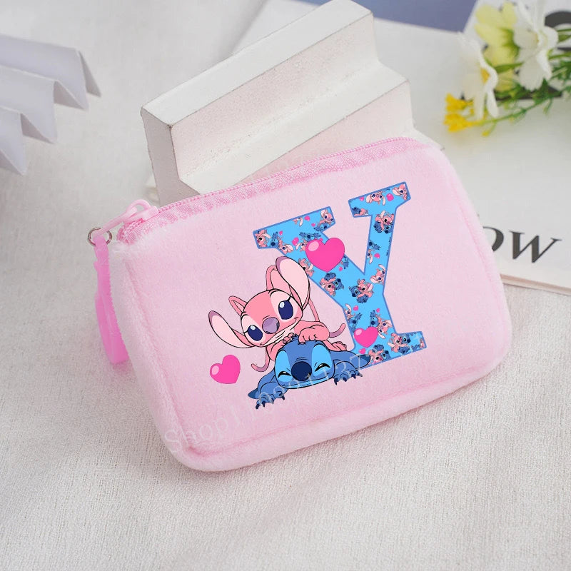 Disney Stitch Plush Coin Purse Cute Anime Cartoon A-Z Letter Stich Printed Wallet Kawaii Girls Earphone Storage Zipper Bag Gifts
