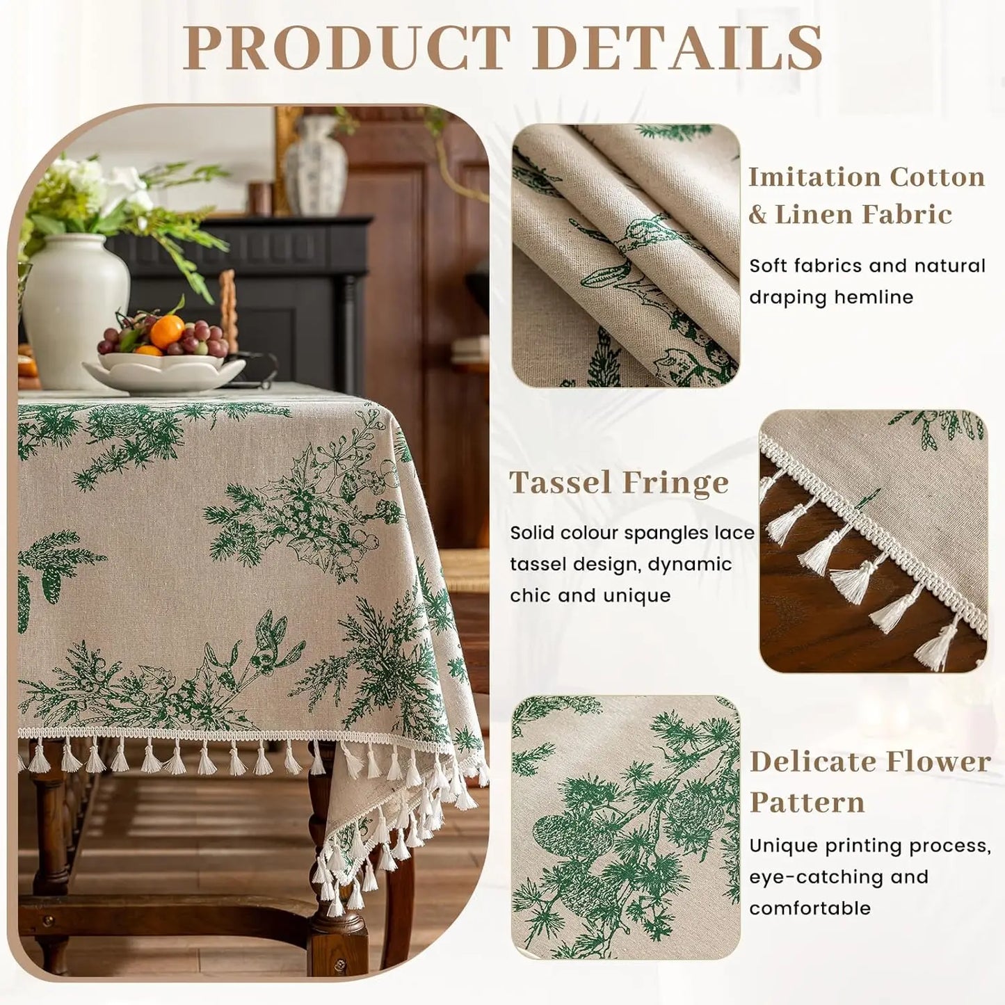 Tejesa Square Cotton Linen Tablecloth with Stitching Tassels Washable Fabric Table Cover for Christmas Dining Kitchen Tea Party