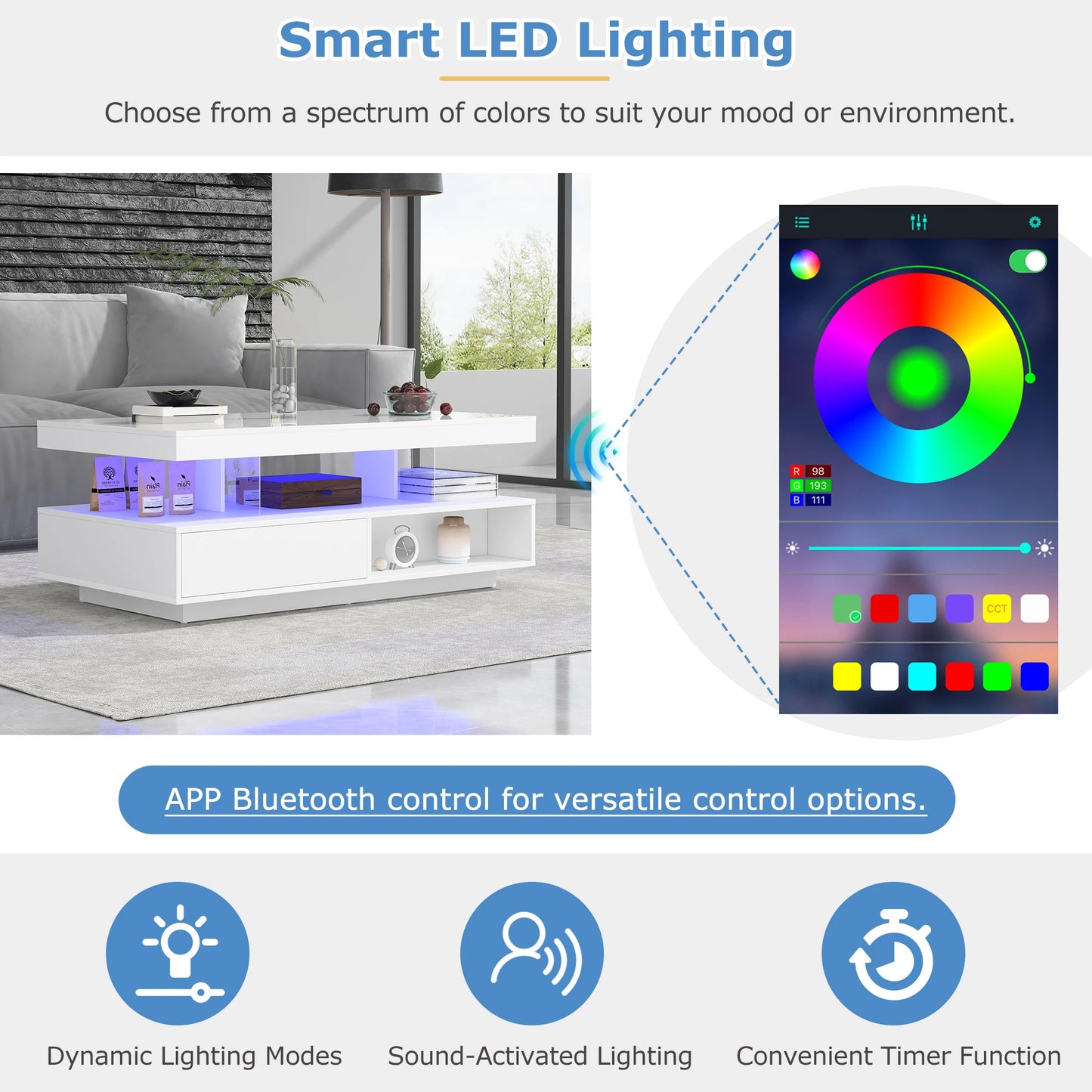 Led Coffee Table with 2 Drawer Storage, High Gloss Coffee Table Centre Table 16-Color Led Lights,End Table for Home Office
