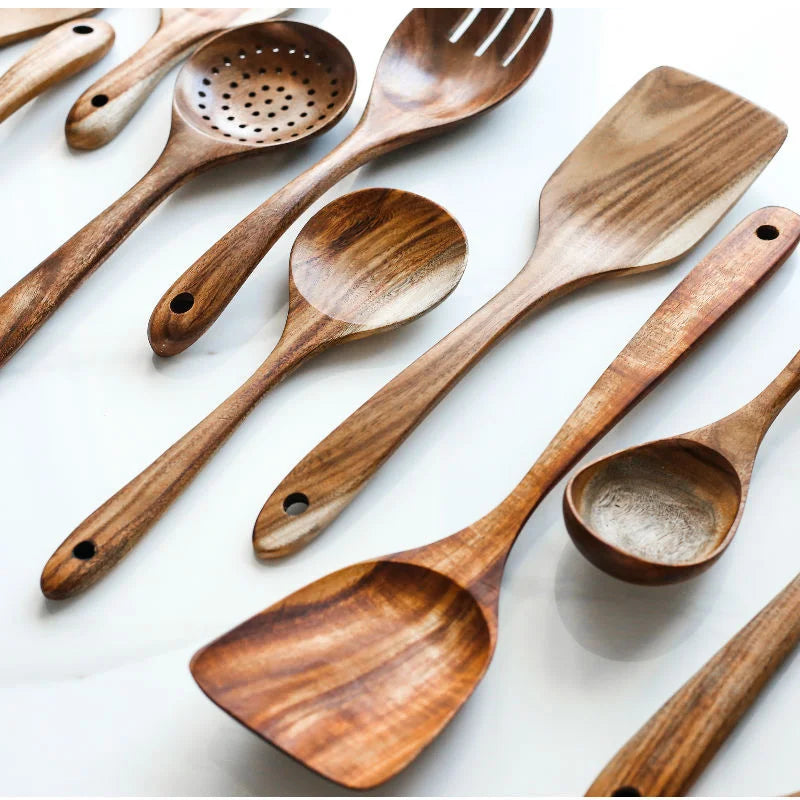 Hemasa  4Pcs  Teak Natural Wood Tableware Spoon Ladle Turner Long Rice Colander Soup Skimmer Cooking Spoons