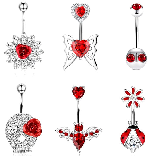 Simple Red Belly Button Ring Rose 1pc