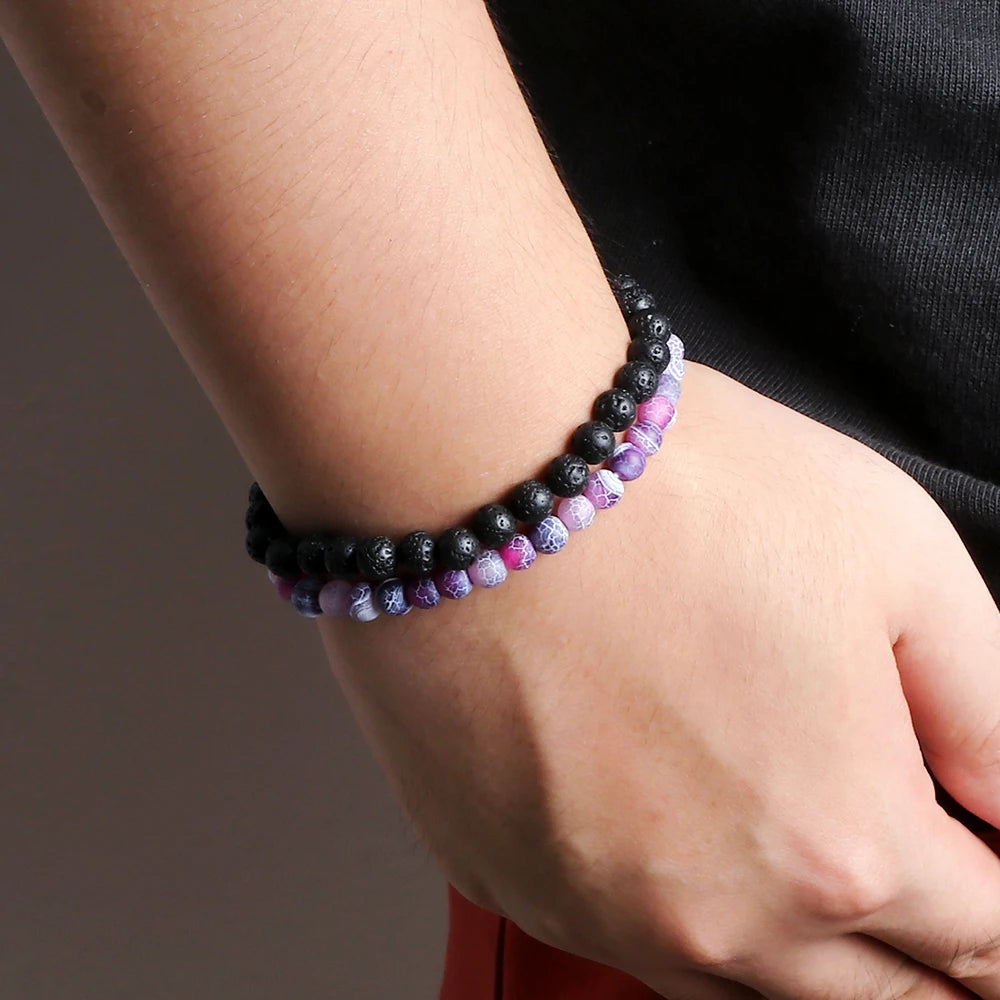 Heamsa 2pcs/set Black Lava Stone Bracelet Men 6mm Natural Cracked Beads Strand Braceelets Stretch Bangles Women Yoga Healing Jewelry