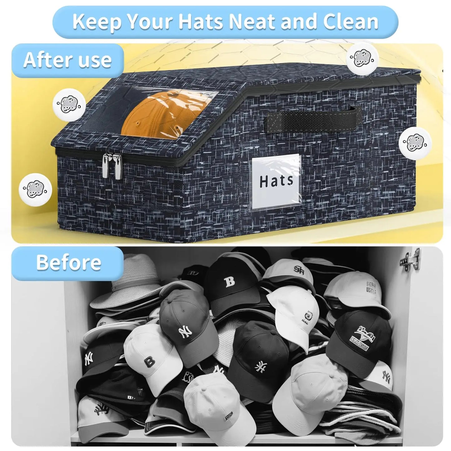 1PCS Stackable Baseball Cap Storage Box Large Capacity Hat Organizer Box with Zipper Dustproof Non-woven Wardrobe Organizers