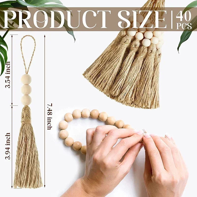5pcs Jute Tassel with 3 Wood Beads Retro Country Bead String Twine Fringe for DIY Crafts Tassels Home Wedding Party Decor