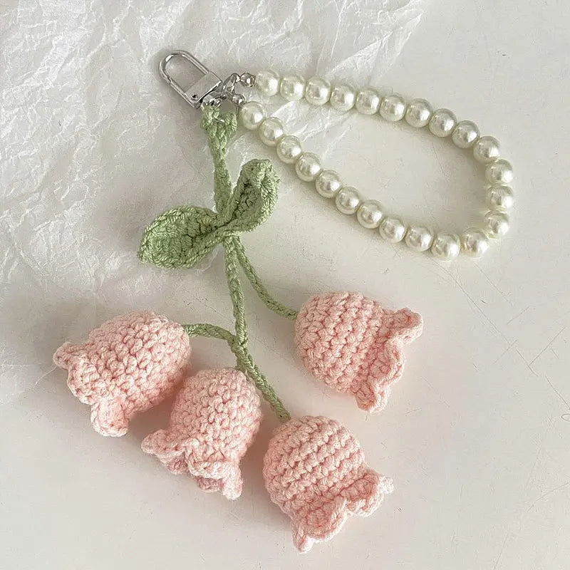 Hemasa 1pc Sweet Wool Crochet Lily Of The Valley Keychain Girls Pearl Chain Bag Pendant