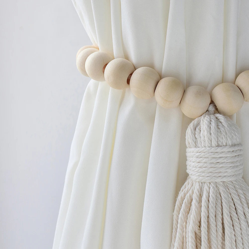 Handmade Macrame Curtain Holdbacks,Wooden Bead Curtain Tiebacks,Boho Home Decoration,Cotton Hanging Rope Curtains Accessories