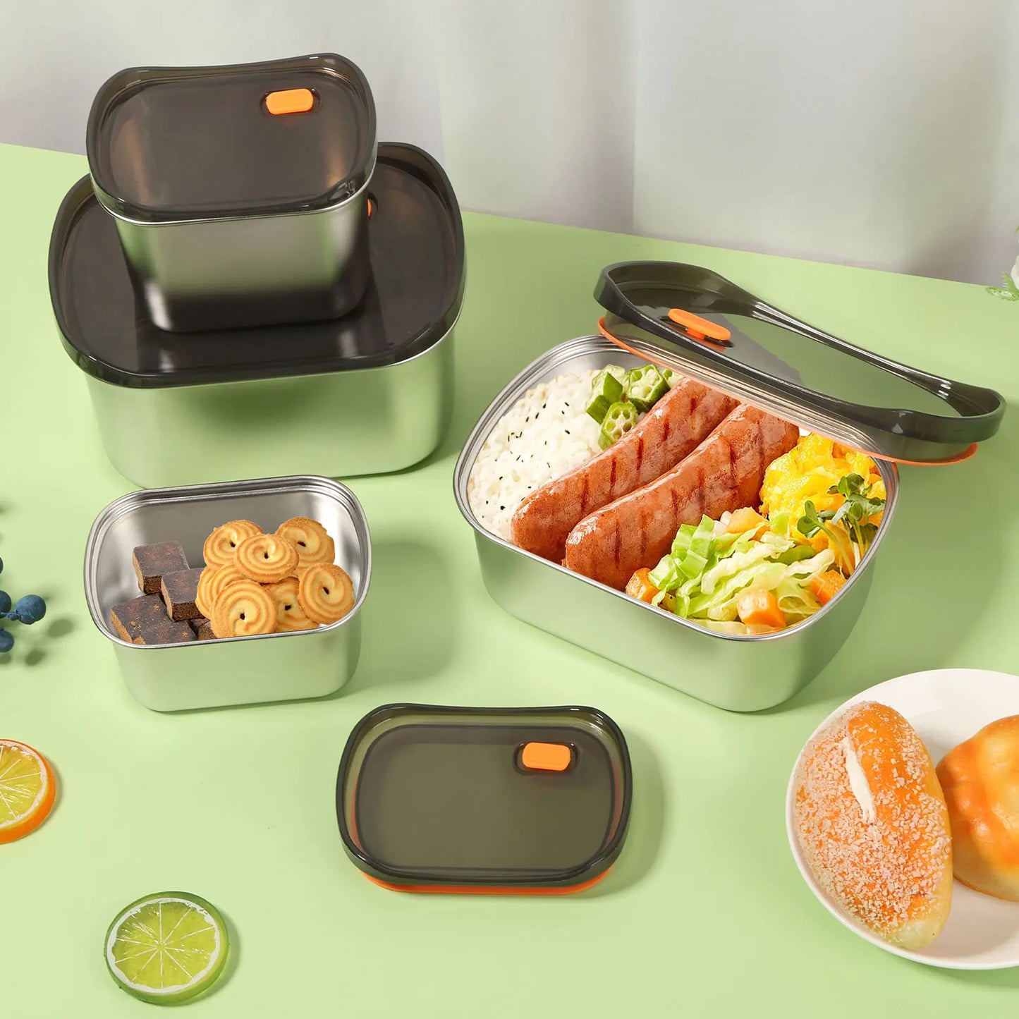 4Pcs Lunch Box Stainless Steel Bento Box Leakproof Pickle Boxes with Lid Refrigerator Food Container for Students Office Workers