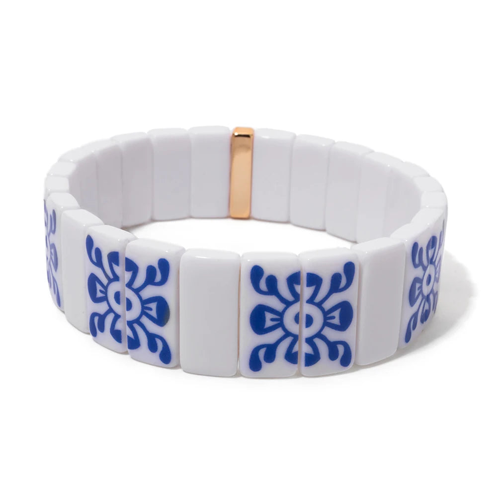 8x16mm Plastc Chinese Blue and White Porcelain Texture Beaded Bracelets For Women Handmade Spring Hand Accessory
