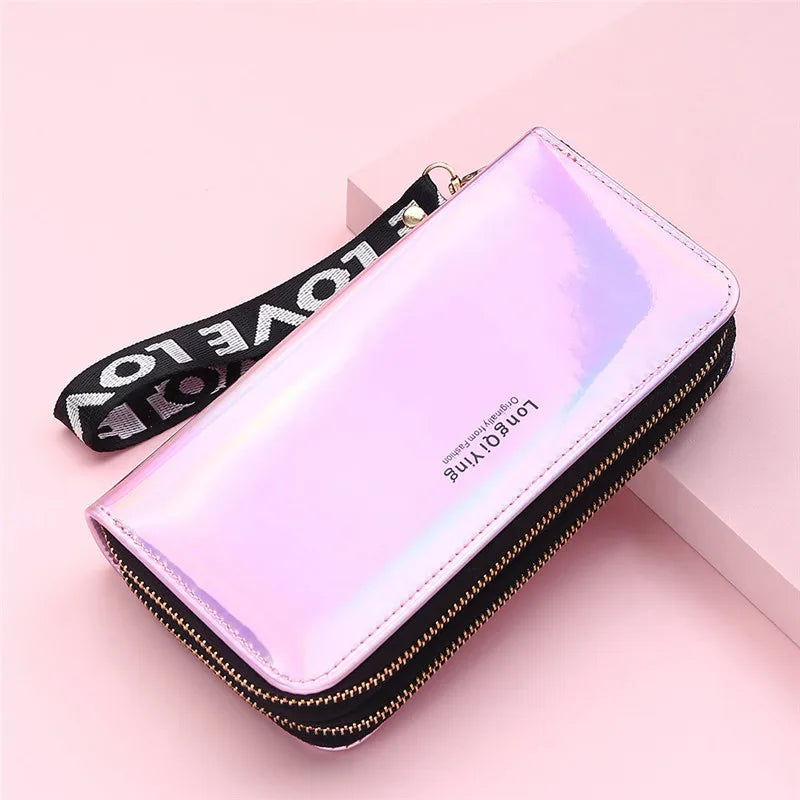 Double Zipper Women's Long Wallet Female Laser Soft PU Leather Coin Clutch Bag Large Capacity Business Card Holder New Arrival