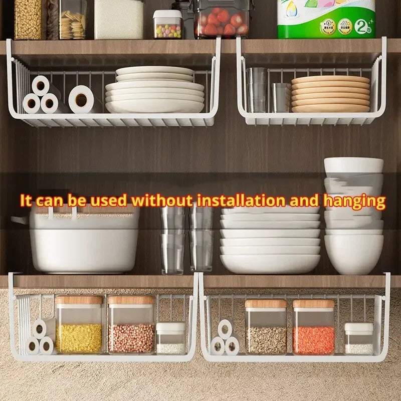 Hemasa 1pc White/Black Hanging Net Basket Iron Material Large Capacity Hanging Under Cabinet Wall Wardrobe Storage Basket