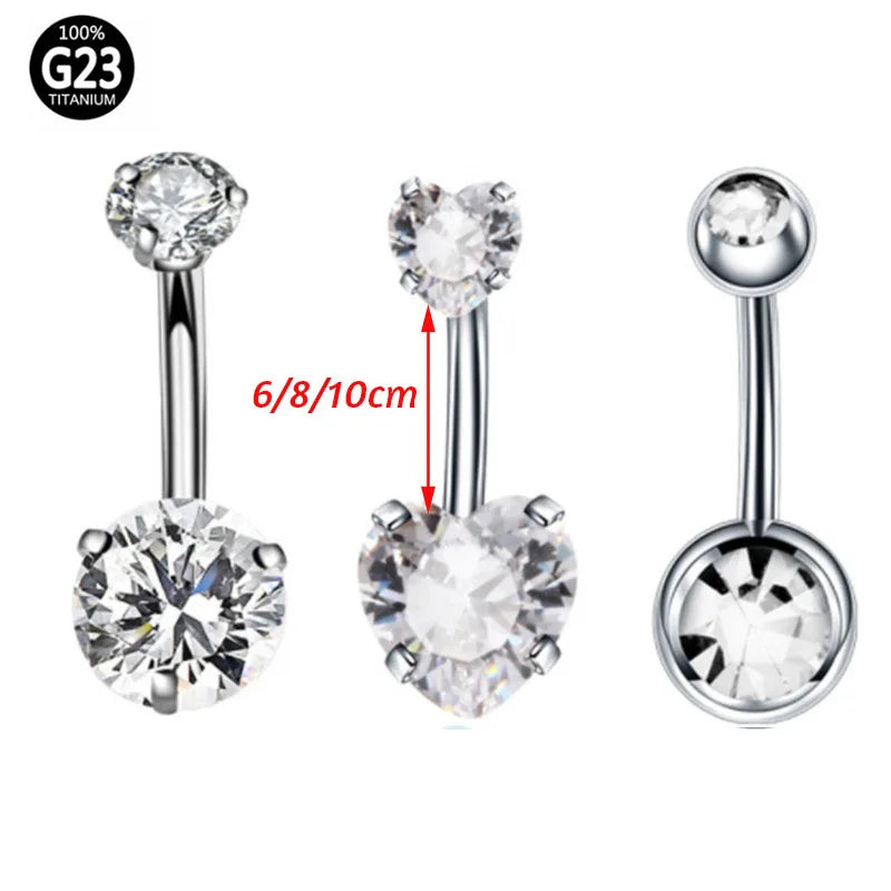 1Pc G23 Titanium 6-14mm Crystal Belly Button Piercing Set 14G Heart Belly Piercing Pack CZ Navel Ring Set Cute Belly Bar Bulk