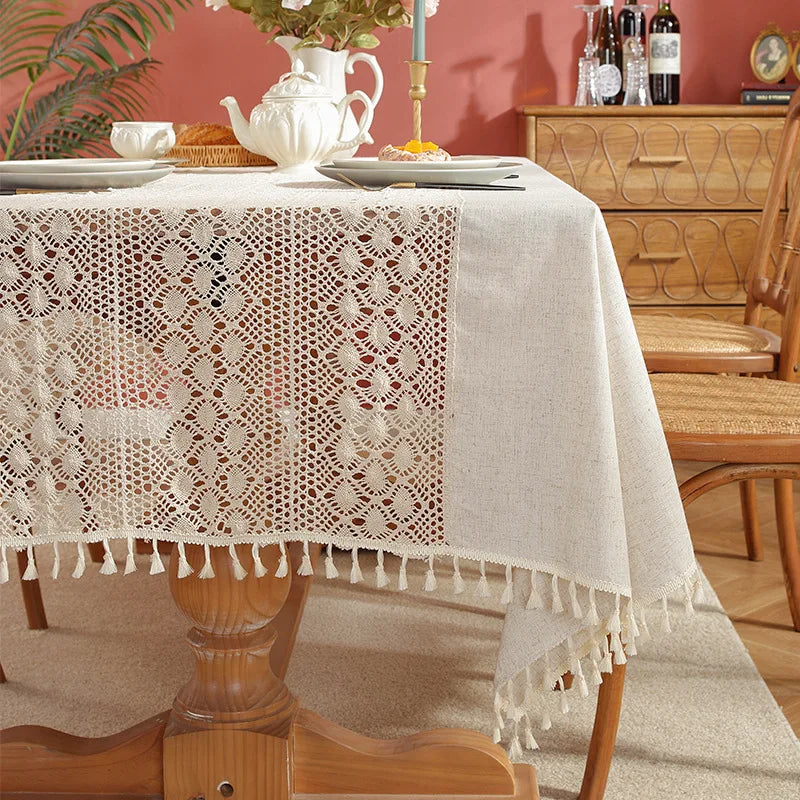Tejesa Polyester and linen, with a simple and elegant style. Hollow out and spliced rectangular shape Table Cloth