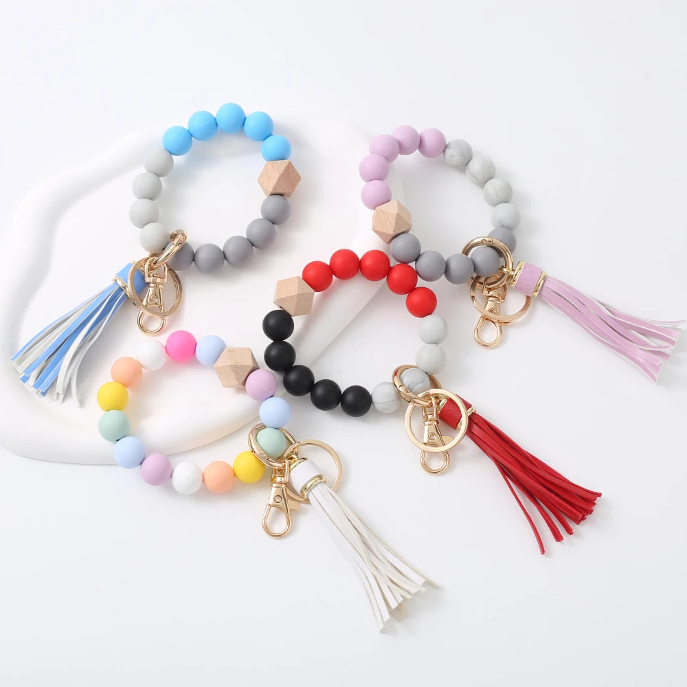 Hemasa  Colourful  Silicone Beads  Bracelet Keyring Women Girls with  Tassel Pendant Keychain