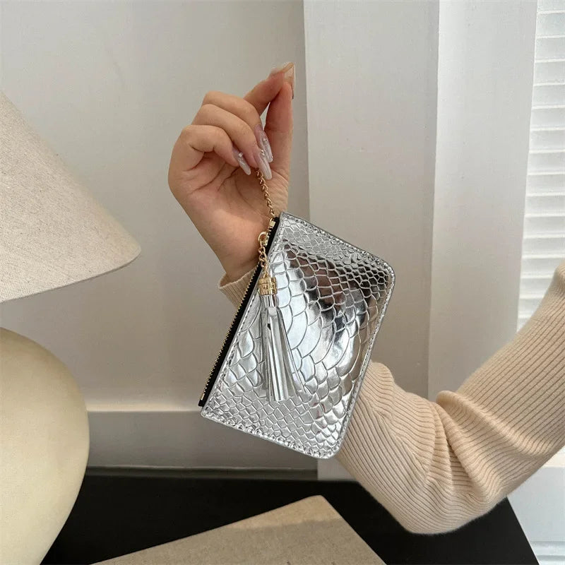 Fashion Print Glossy Mini Coin Wallet for Women Versatile Crocodile PU Portable Zipper Coin Purse ID Card Holder Key Coin Pouch