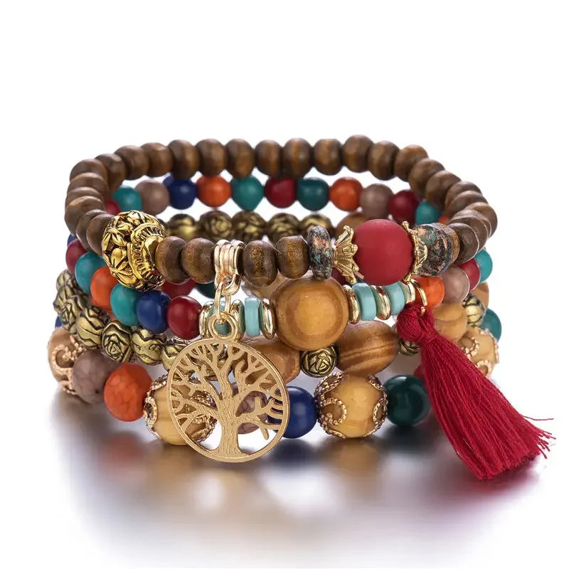 Bohemian Black Tassels Bracelet Set For Women Tree Of Life Charm Wooden Beads Elastic Chain Bangle Girls Fashion Jewelry