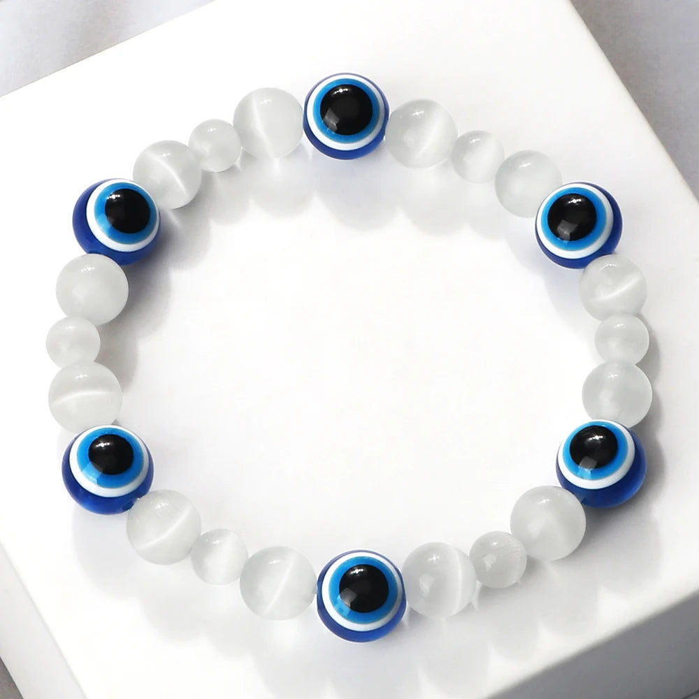 Blue Evil Eye Beaded Bracelets Natural Cat Eye Stone 6 8mm Opal Men Bangles Adjustable Women Bracelet Lucky Yoga Jewelry Gifts