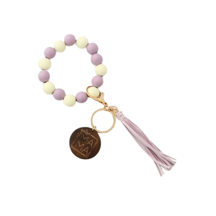 Hemasa Silicon Beads Wooden Disc Bracelet Tassel Keychain Wristlet Gift for Her Key Ring