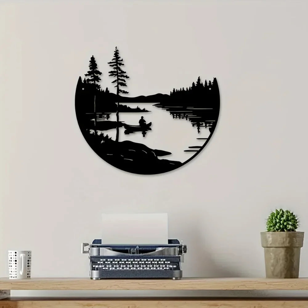 Hemasa 1 pc of bohemian style metal wall art scenic lake and mountain silhouette round outdoor sculpture home and patio wall decoration